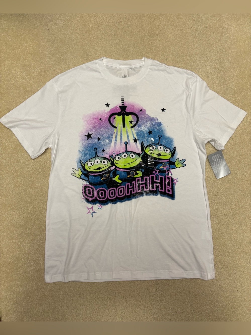 Disney White Tee with Green Toy Story Aliens and Pink/Blue Graphic